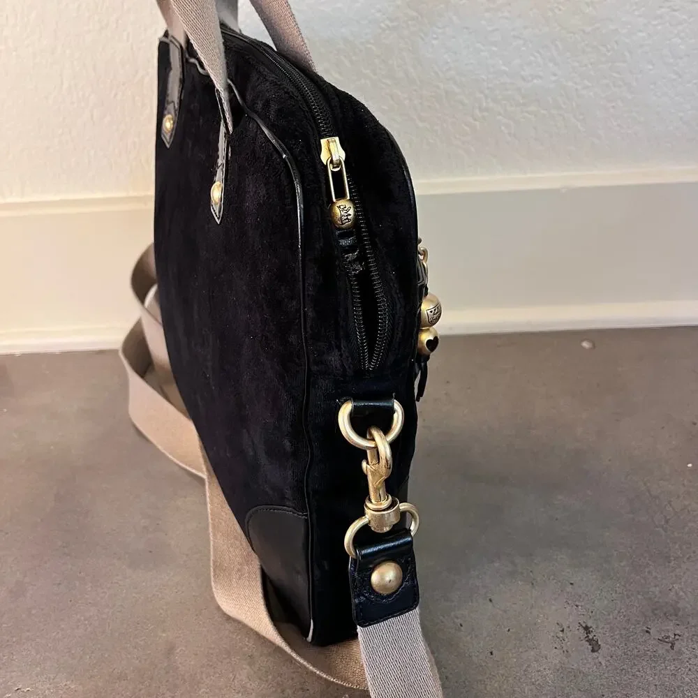 Juicy Couture Black velvet beige detail strap computer laptop messenger bag